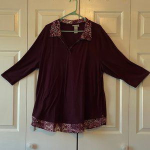 Catherines 2x (22/24) Burgundy (Maroon) Sweater Shirt 3/4 sleeves V-neck Collar
